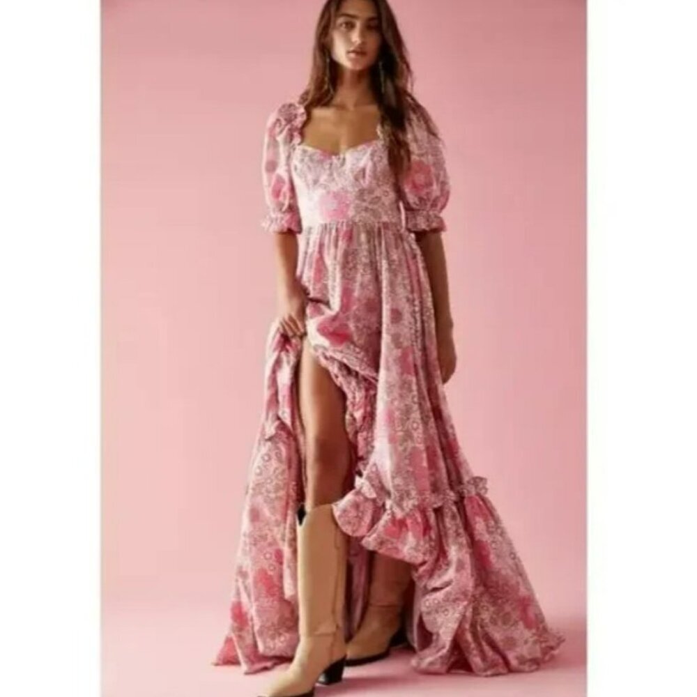 Selkie The Ritz Maxi Vintage Romantic Floral Puff Sleeve‎ Sof Pink Dress Size XS